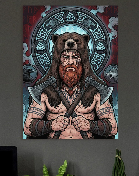 Viking Warrior with Bear Headgear — metal poster wall art by Lineer